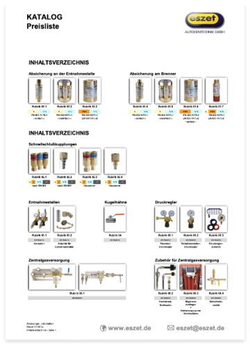 Seite eines Eszet-Katalogs mit Übersicht zu Absicherungen, Schnellkupplungen, Entnahmestellen, Kugelhähnen und Zubehör.