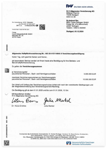 Schriftliche Versicherungsbestätigung der R+V Versicherung für Betriebs- und Berufshaftpflicht.
