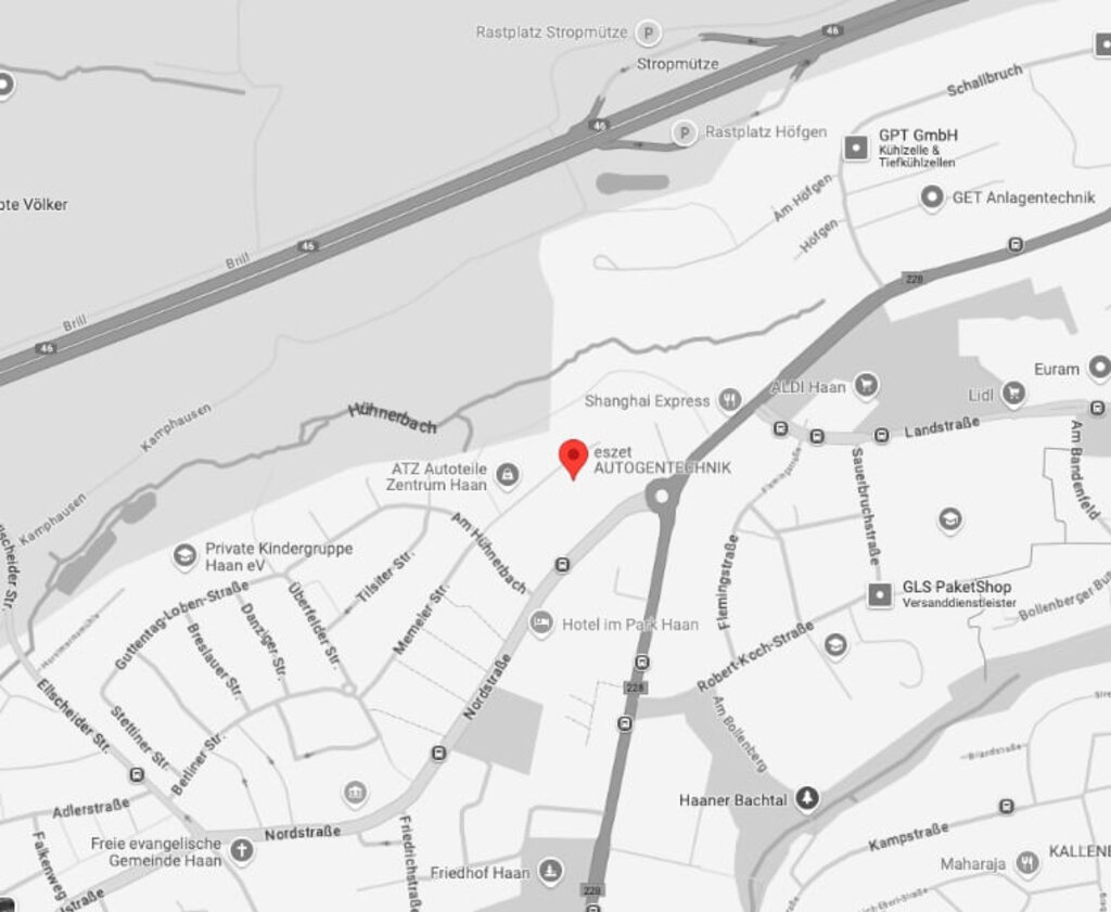 Kartenausschnitt mit markiertem Standort, der die Lage von eszet im umliegenden Straßennetz zeigt.